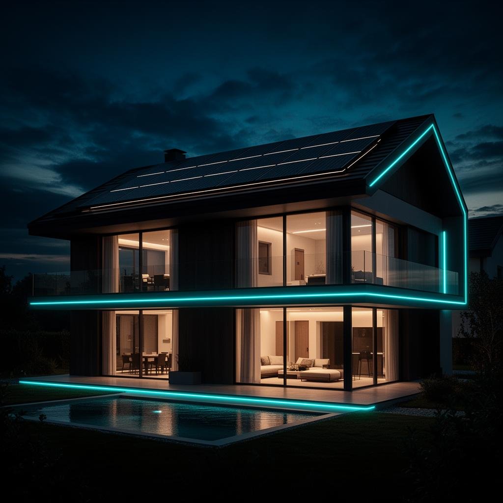 Modern luxury home with rooftop solar panels